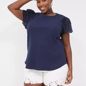 Lane Bryant Navy Blouse with Lace Sleeves